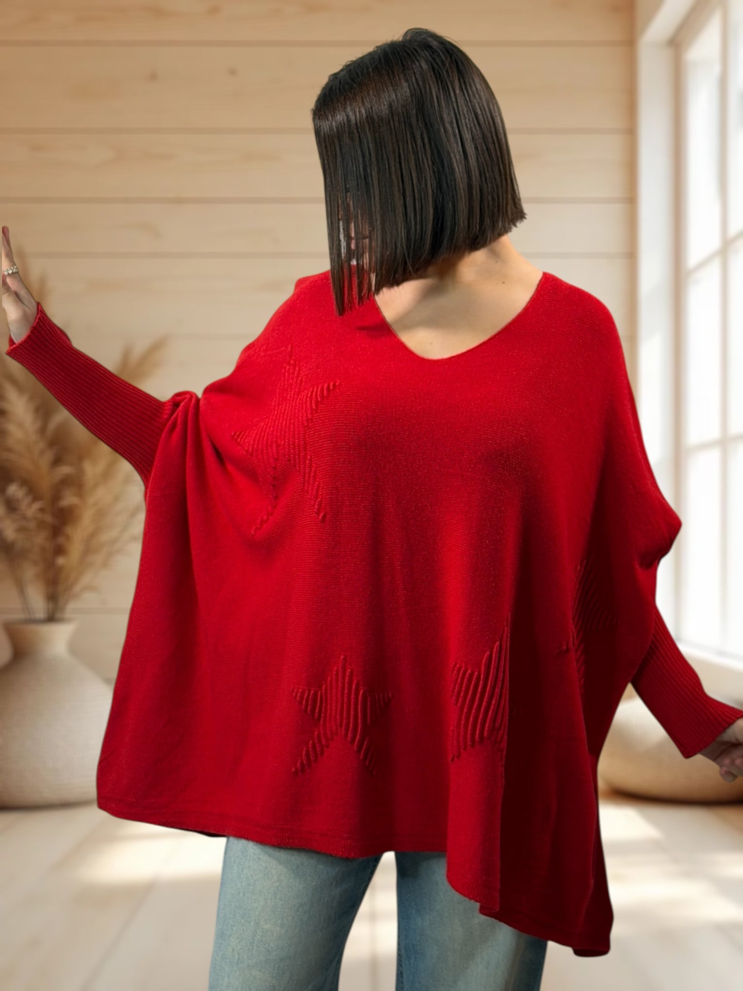ZAZA - PULL OVERSIZE ROUGE MOTIF ETOILE JUSQU'A LA TAILLE 56