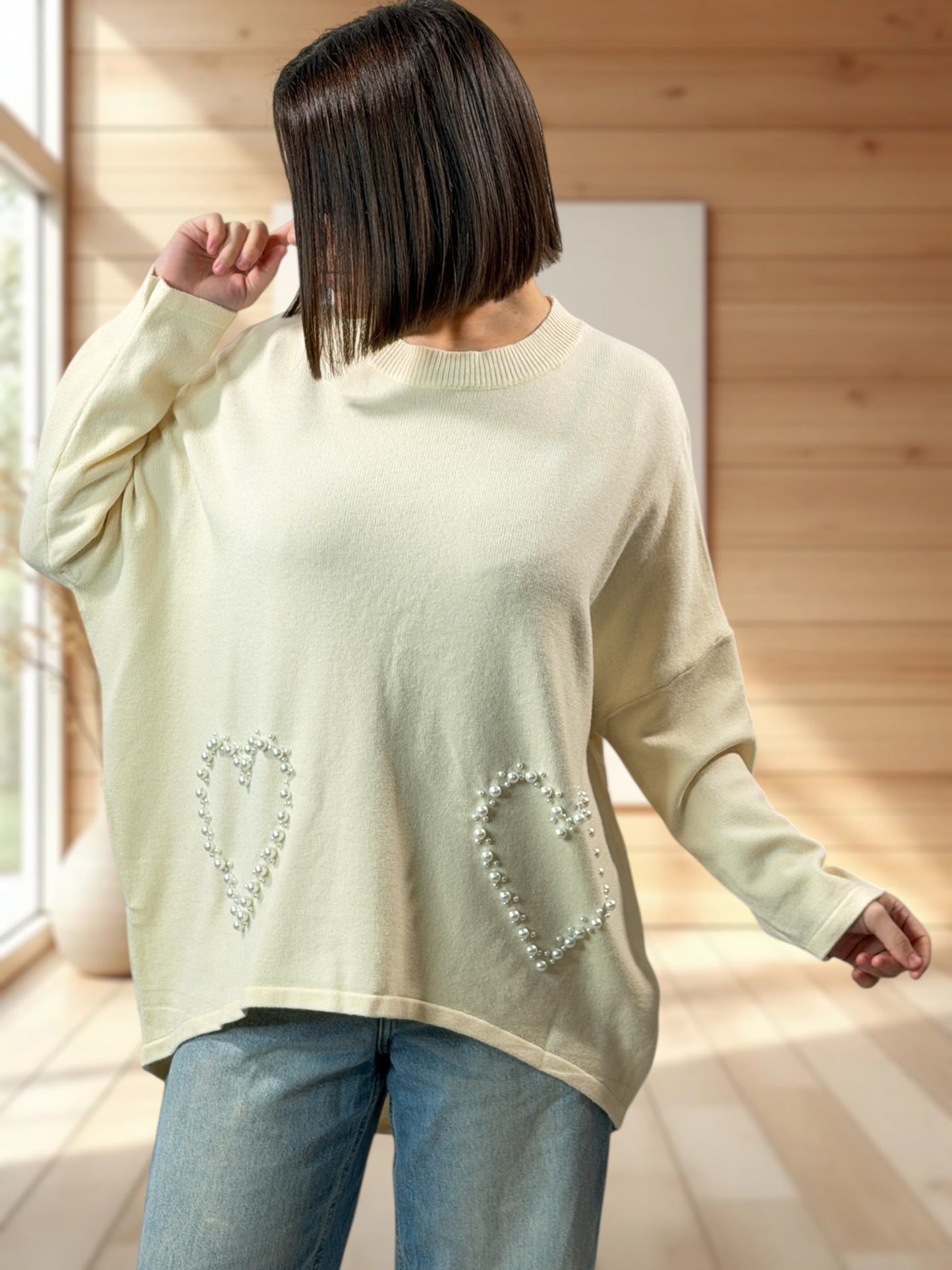 GLORIA - PULL OVERSIZE BEIGE AVEC PERLE JUSQU'A LA TAILLE 52/54