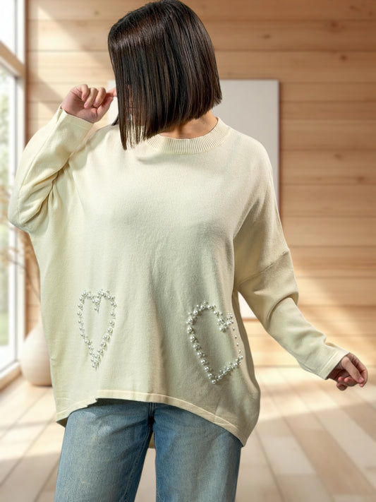 GLORIA - PULL OVERSIZE BEIGE AVEC PERLE JUSQU'A LA TAILLE 52/54