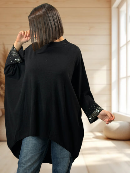 CORALINE - PULL OVERSIZE NOIR AVEC STRASS JUSQU'A LA TAILLE 56