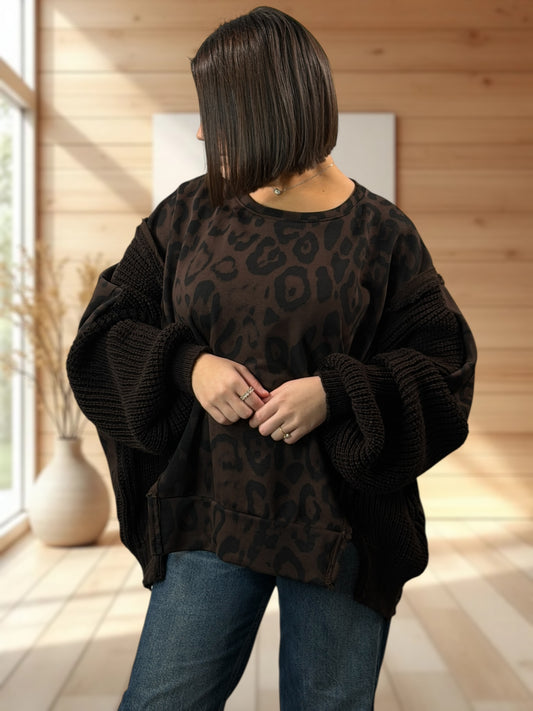 MARCO - PULL BI-MATIERE OVERSIZE LEOPARD MARRON JUSQU'A LA TAILLE 54