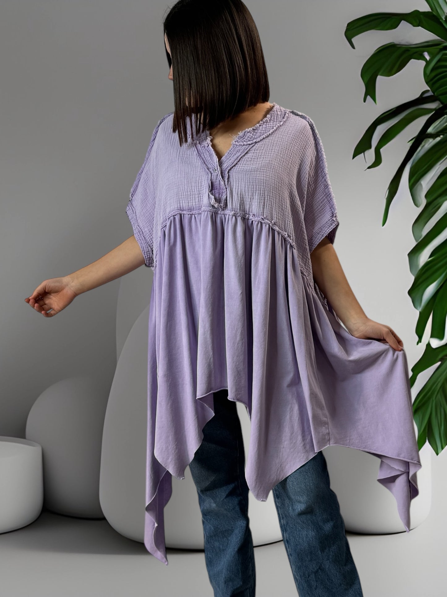 LOUNA - TUNIQUE LILAS ASYMETRIQUE JUSQU'A LA TAILLE 54/56