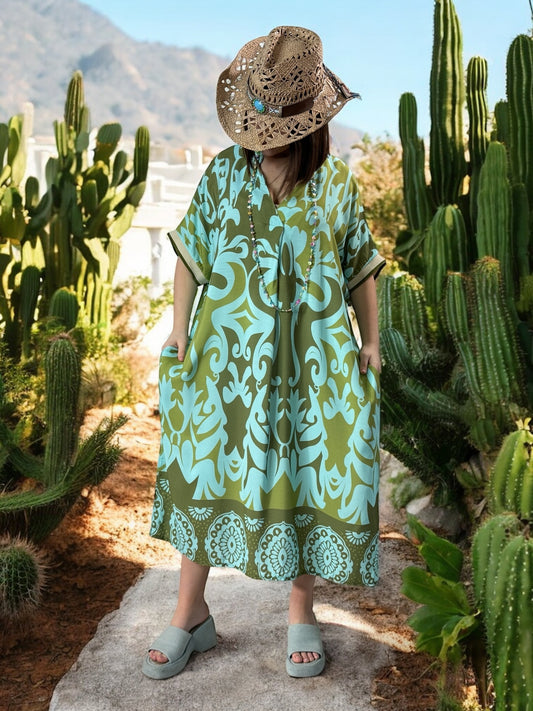 LALY - ROBE OVERSIZE MOTIF TURQUOISE KAKI JUSQU'A LA TAILLE 54