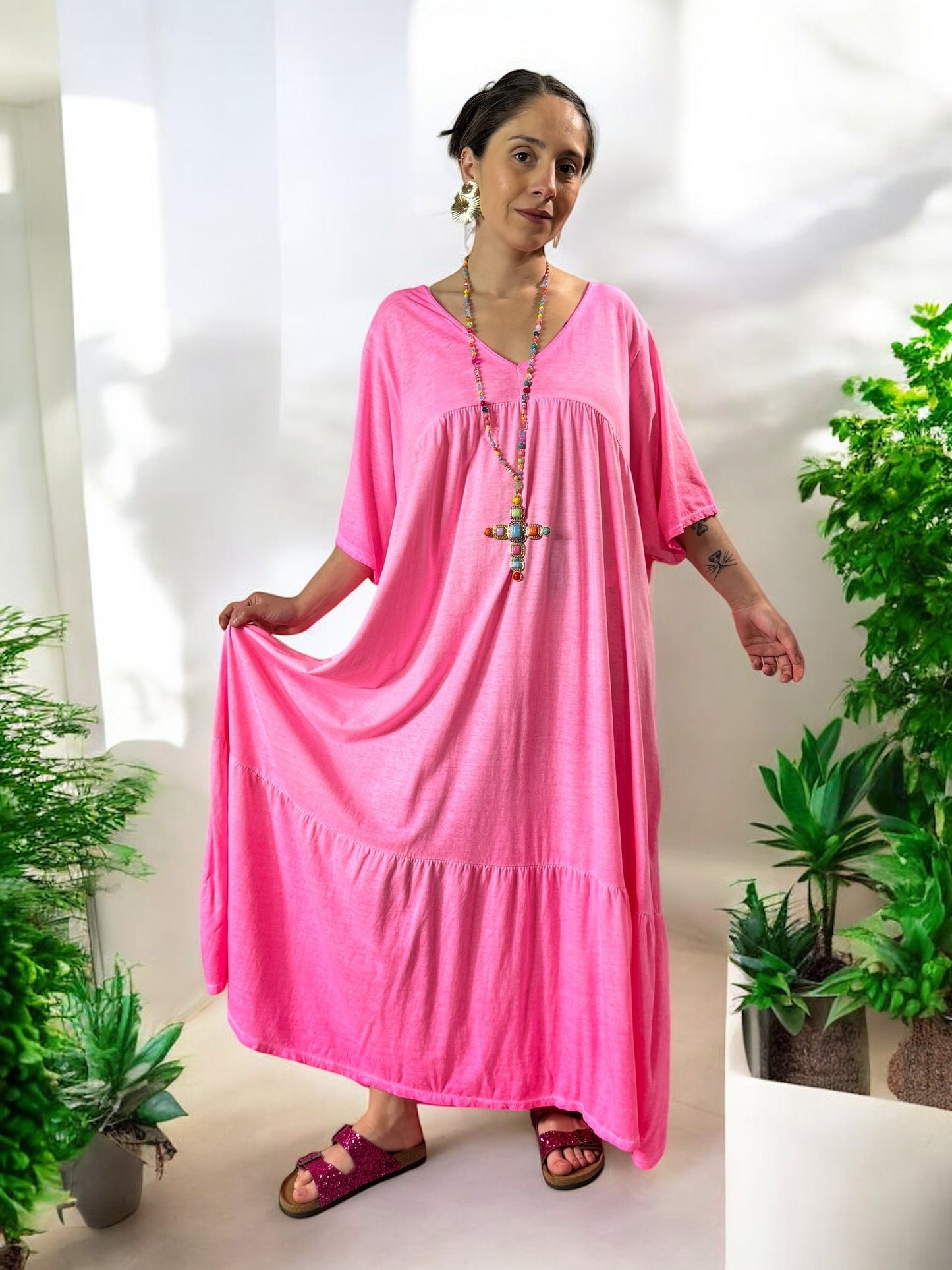 CAMERON - ROBE LONGUE FUCHSIA EN COTON JUSQU'A LA TAILLE 54