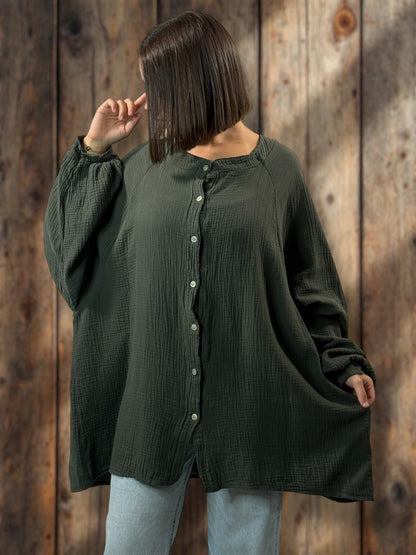 TIRAMISU - CHEMISE OVERSIZE KAKI EN GAZE DE COTON JUSQU'A LA TAILLE 56