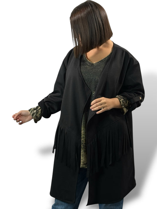 FERIA - VESTE NOIRE A FRANGE OVERSIZE JUSQU'A LA TAILLE 52/54