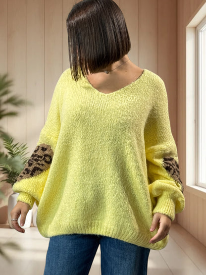 AMBER - PULL JAUNE COEUR LEOPARD JUSQU'A LA TAILLE 50/52