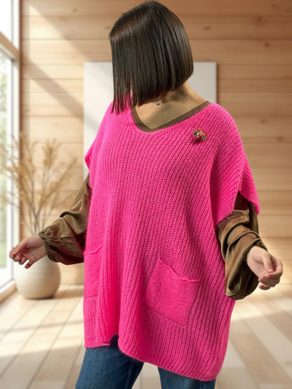 ENZO - PULL FUCHSIA OVERSIZE JUSQU'A LA TAILLE 56