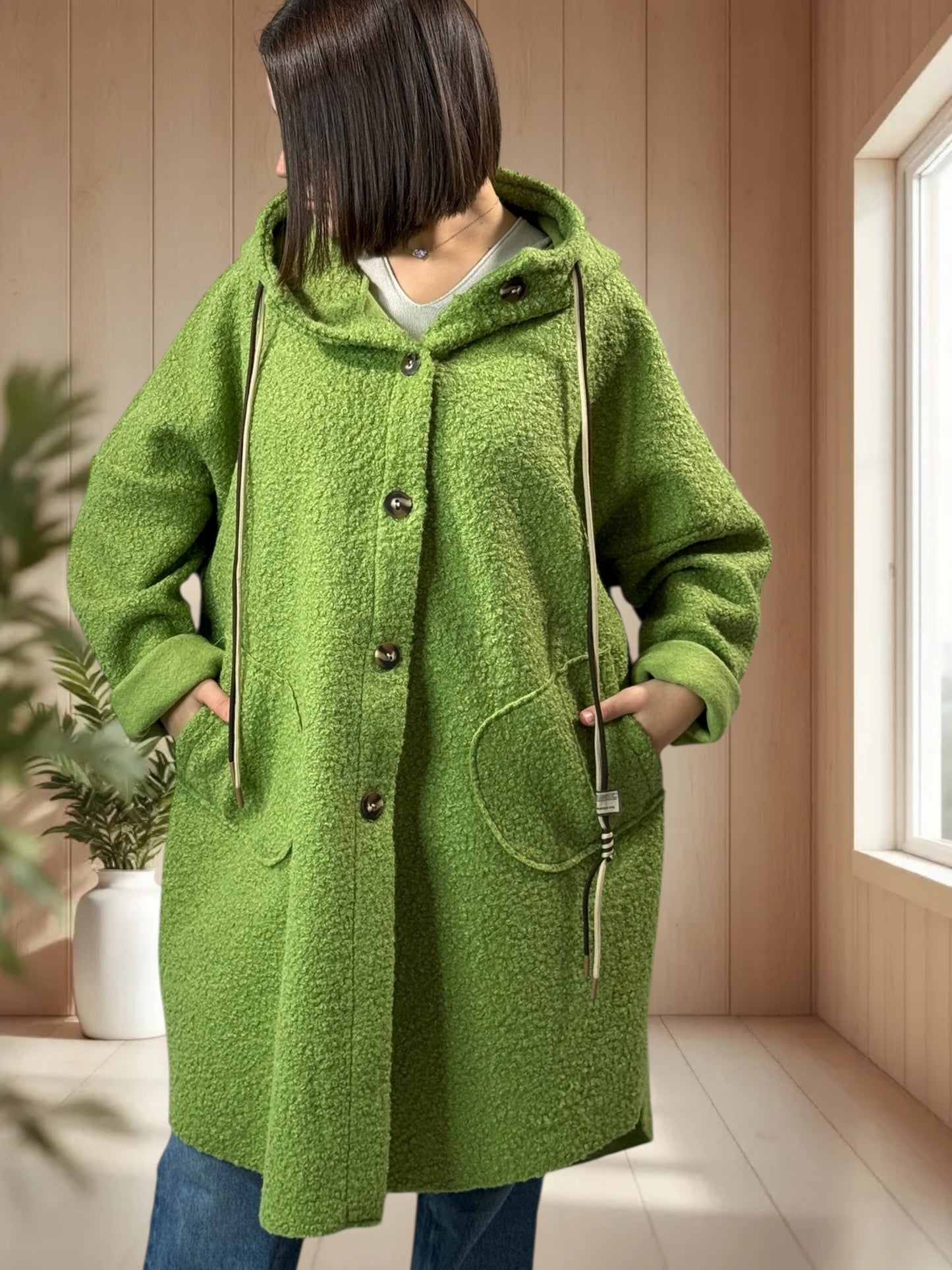 CAPRICE - VESTE OVERSIZE VERT A CAPUCHE JUSQU'A LA TAILLE 54