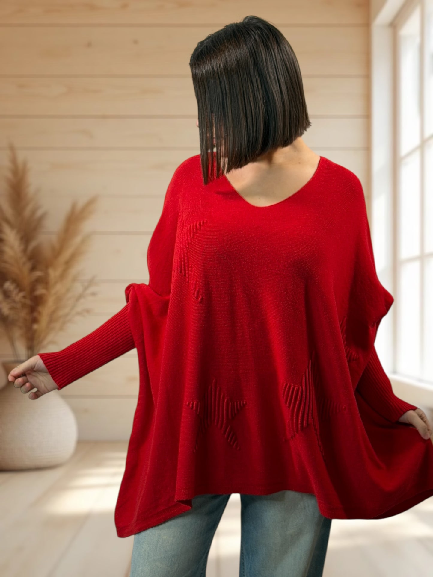 ZAZA - PULL OVERSIZE ROUGE MOTIF ETOILE JUSQU'A LA TAILLE 56