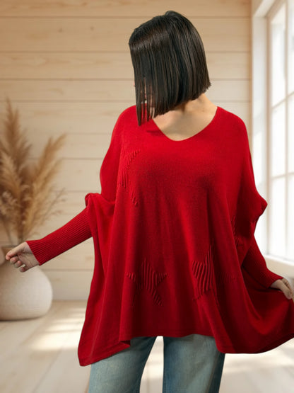 ZAZA - PULL OVERSIZE ROUGE MOTIF ETOILE JUSQU'A LA TAILLE 56