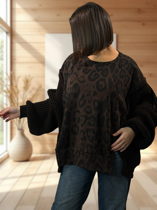 MARCO - PULL BI-MATIERE OVERSIZE LEOPARD MARRON JUSQU'A LA TAILLE 54
