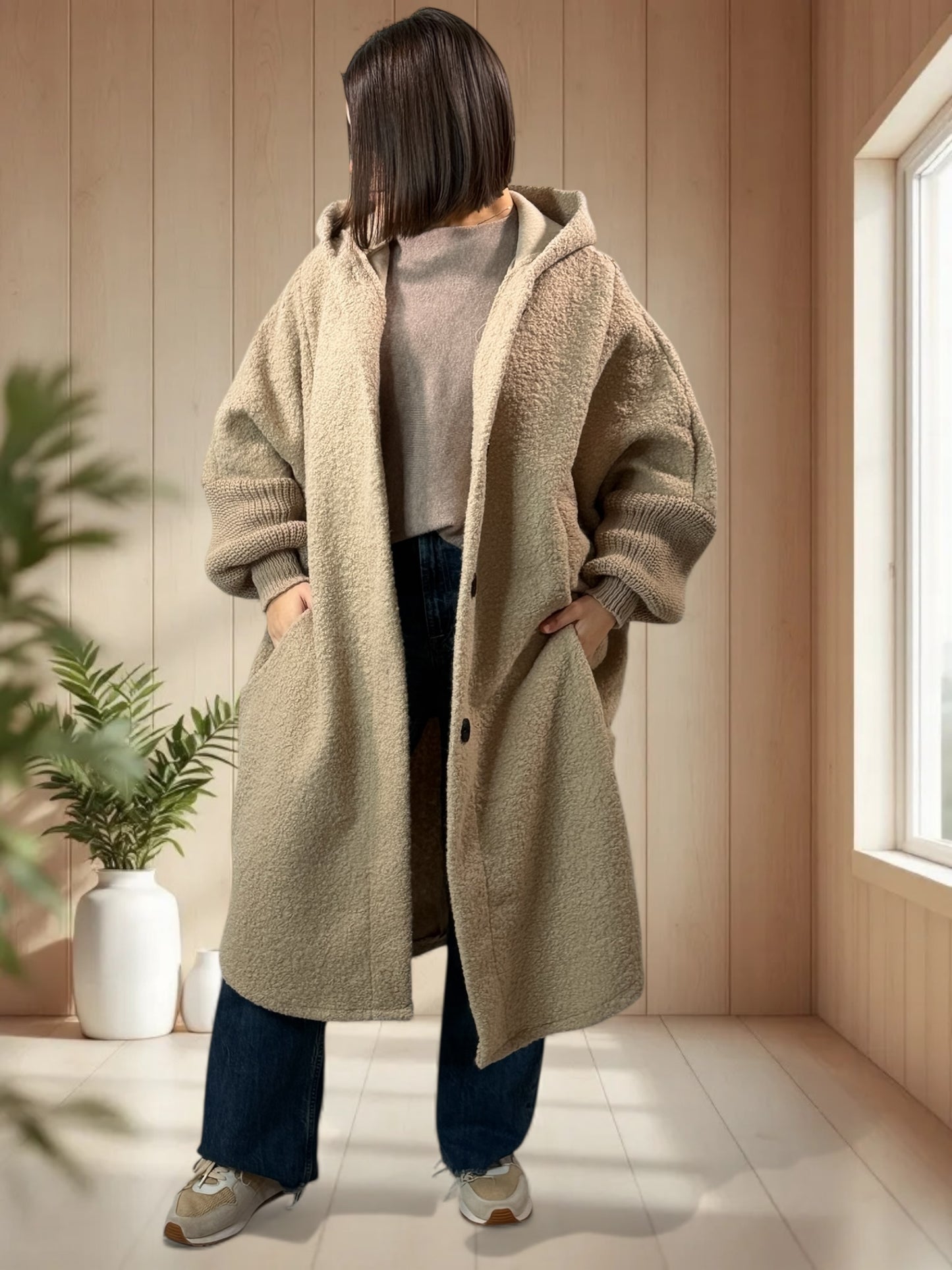 VIRGINIE - MANTEAU OVERSIZE BEIGE A CAPUCHE JUSQU'A LA TAILLE 54