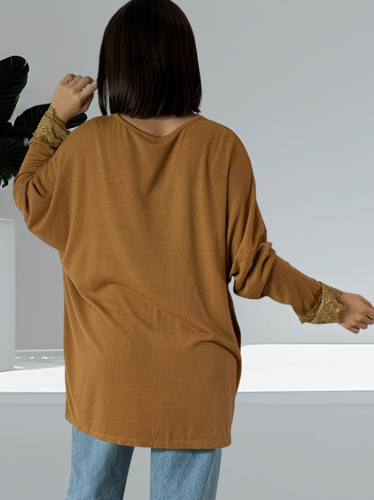 TIPHAINE - PULL CAMEL EN MAILLE BORDE DE DENTELLE JUSQU'A LA TAILLE 54