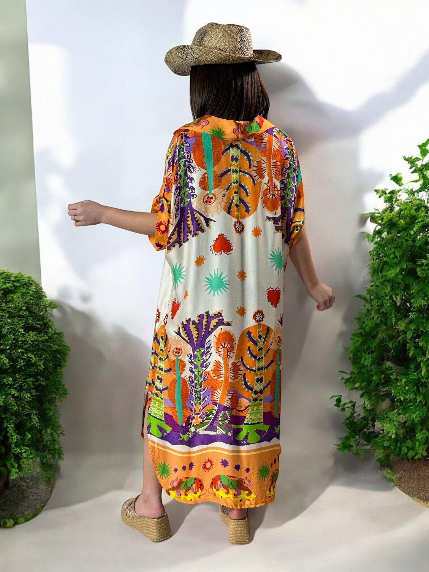 ETE INDIEN - ROBE OVERSIZE TISSUS SOYEUX A MOTIF ORANGE JUSQU'A LA TAILLE 50