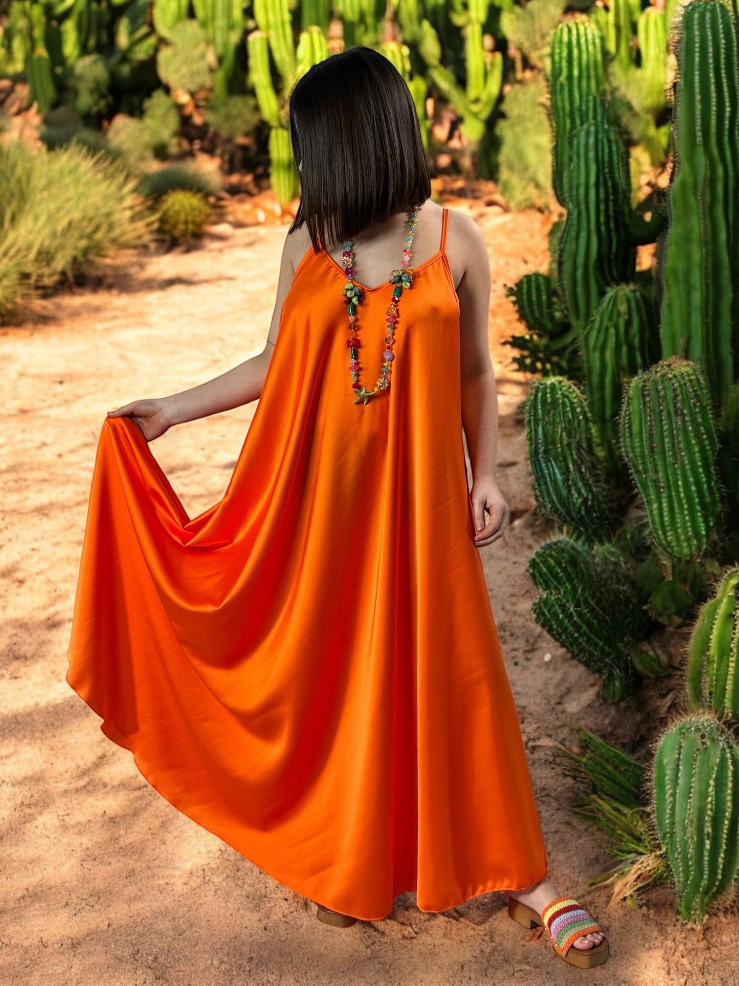 TIPHAINE - ROBE AMPLE FLUIDE ORANGE JUSQU'A LA TAILLE 50/52