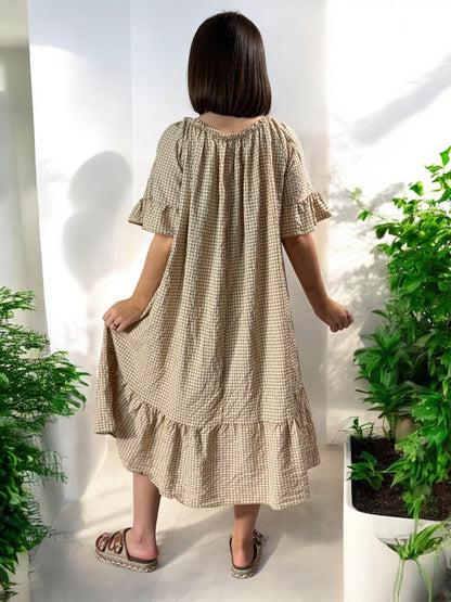 CAROLINE - ROBE VICHY CAMEL JUSQU'A LA TAILLE 54