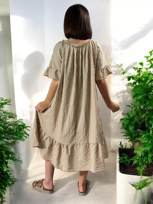 CAROLINE - ROBE VICHY CAMEL JUSQU'A LA TAILLE 54