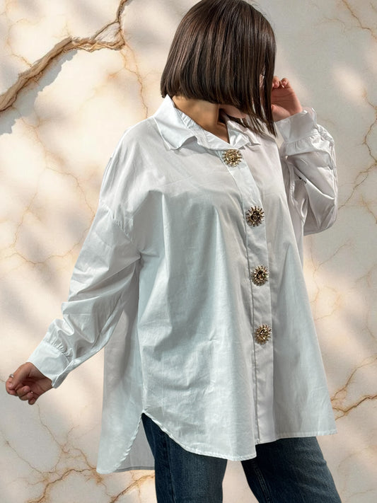 ANITA - CHEMISE OVERSIZE BLANCHE AVEC BROCHE SOLEIL JUSQU'A LA TAILLE 52