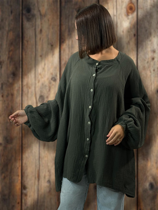 TIRAMISU - CHEMISE OVERSIZE KAKI EN GAZE DE COTON JUSQU'A LA TAILLE 56