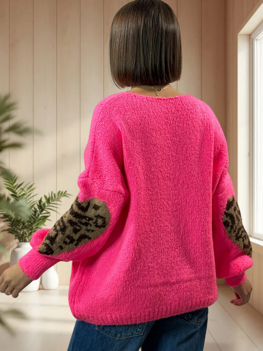 AMBER - PULL FUCHSIA COEUR LEOPARD JUSQU'A LA TAILLE 50/52