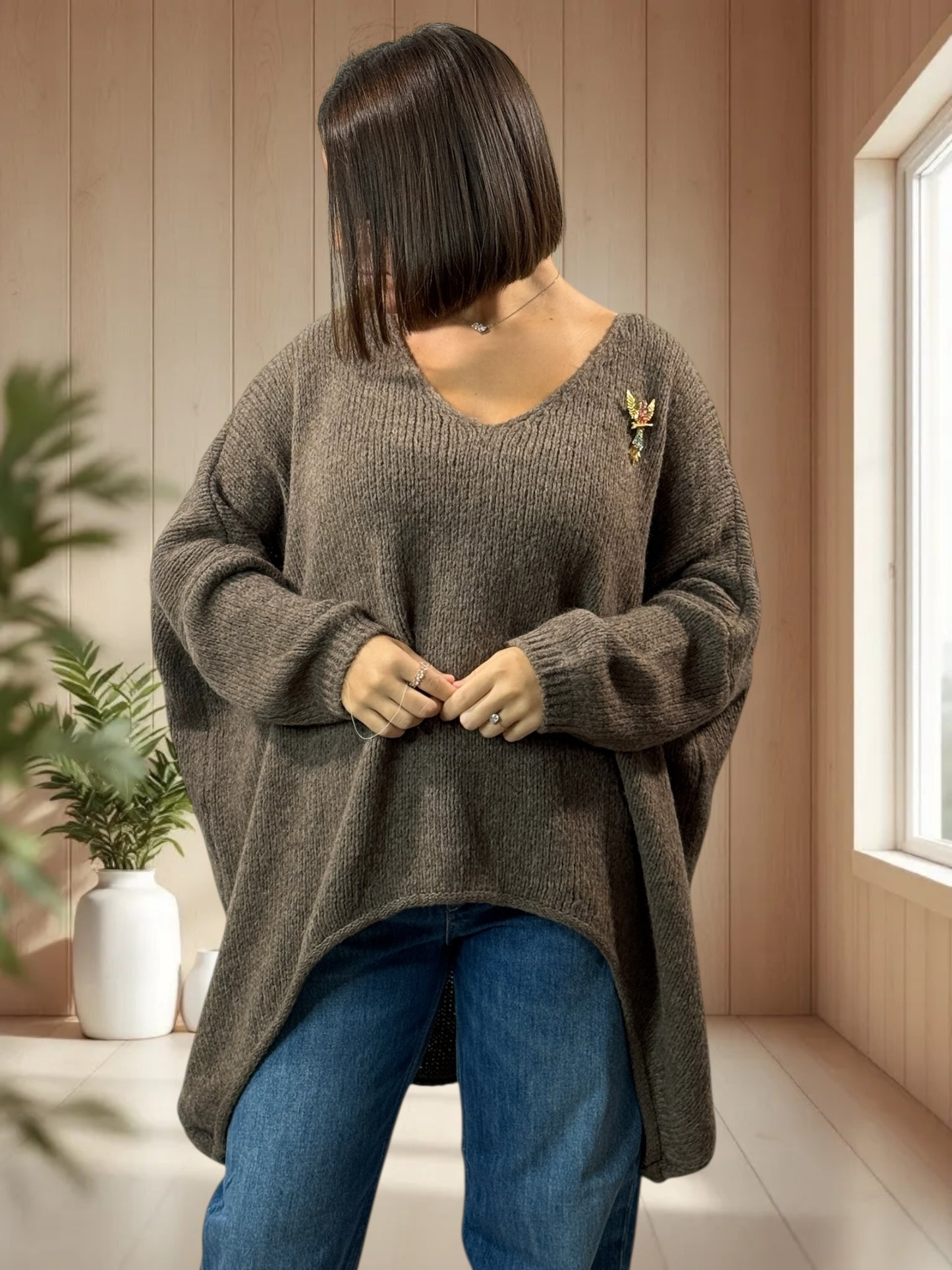 JULIA- PULL OVERSIZE MOKA JUSQU'A LA TAILLE 56/58