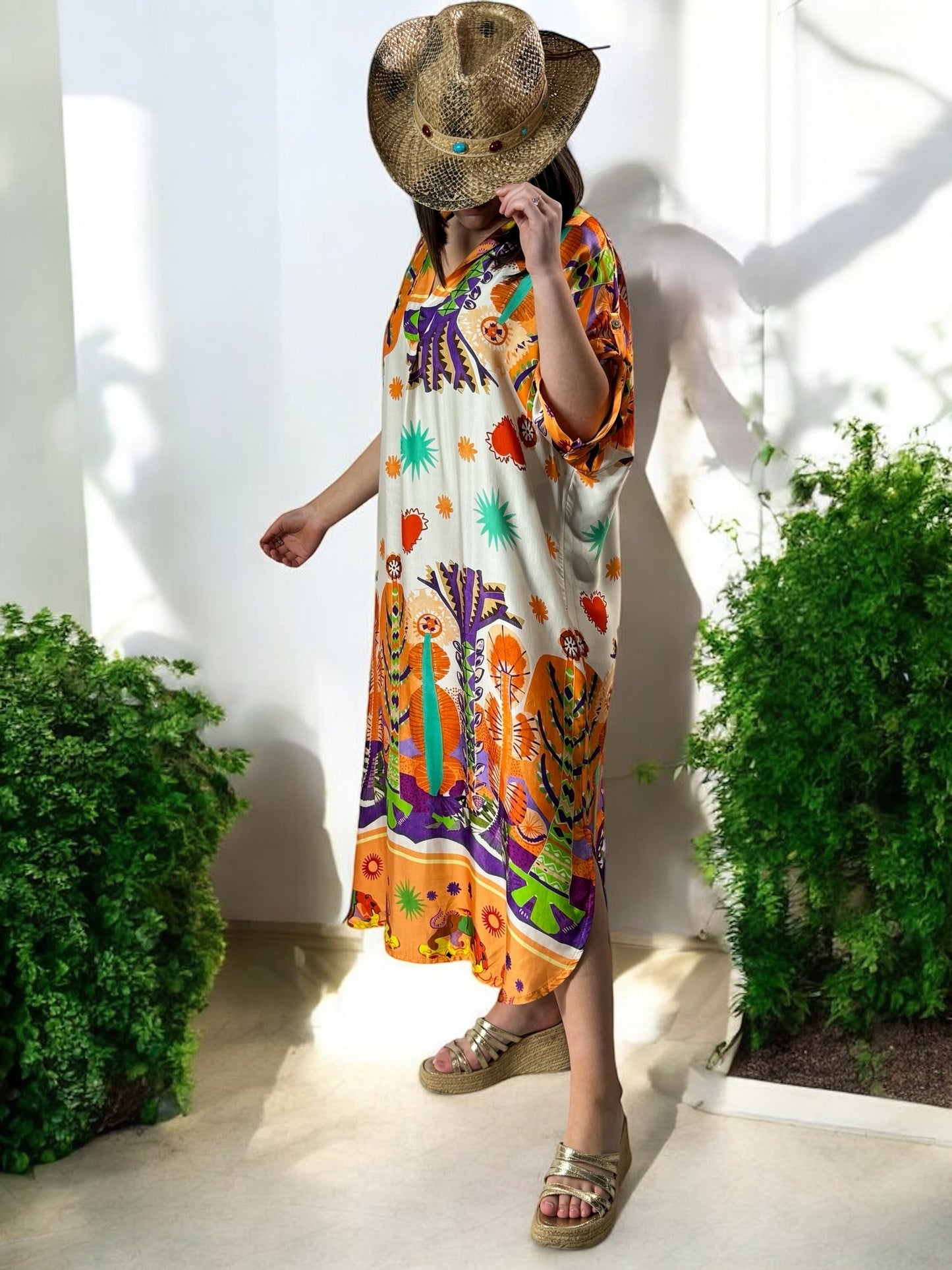 ETE INDIEN - ROBE OVERSIZE TISSUS SOYEUX A MOTIF ORANGE JUSQU'A LA TAILLE 50