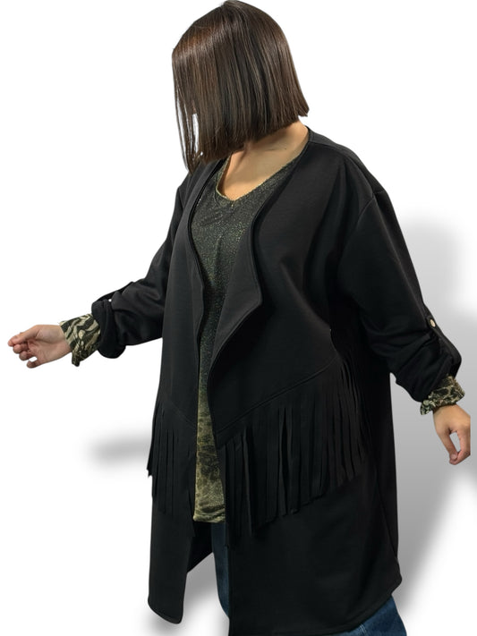 FERIA - VESTE NOIRE A FRANGE OVERSIZE JUSQU'A LA TAILLE 52/54