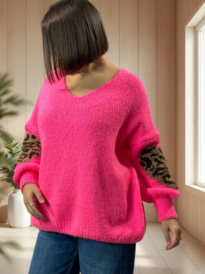 AMBER - PULL FUCHSIA COEUR LEOPARD JUSQU'A LA TAILLE 50/52
