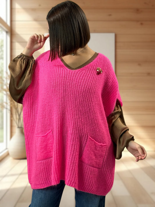 ENZO - PULL FUCHSIA OVERSIZE JUSQU'A LA TAILLE 56