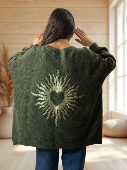 RICKOU - PULL OVERSIZE KAKI MOTIF SOLEIL JUSQU'A LA TAILLE 56