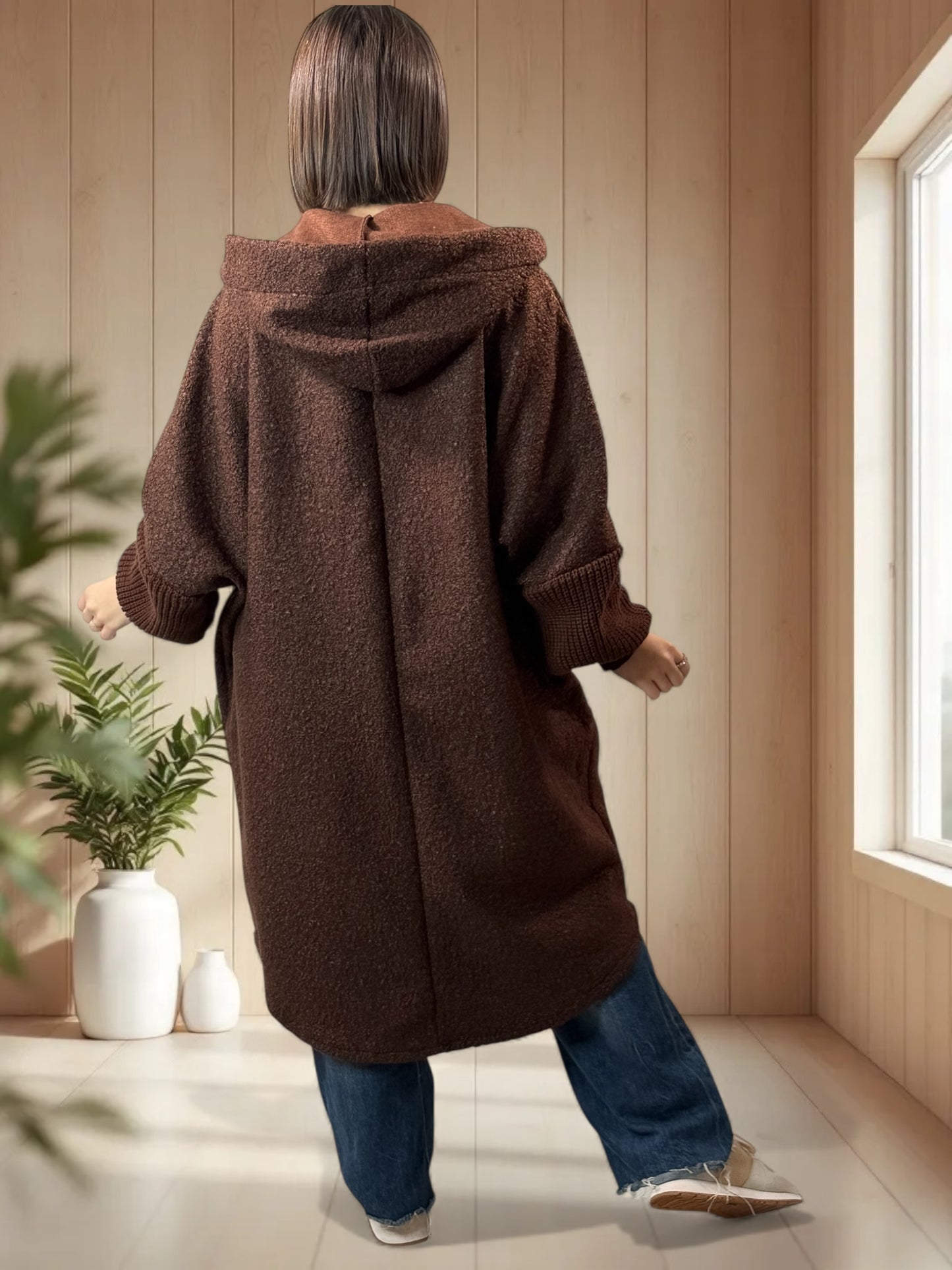 VIRGINIE - MANTEAU OVERSIZE MARRON A CAPUCHE JUSQU'A LA TAILLE 54