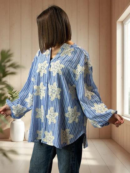 ST TROPEZ - BLOUSE BRODÉE A RAYURE JUSQU'A LA TAILLE 52