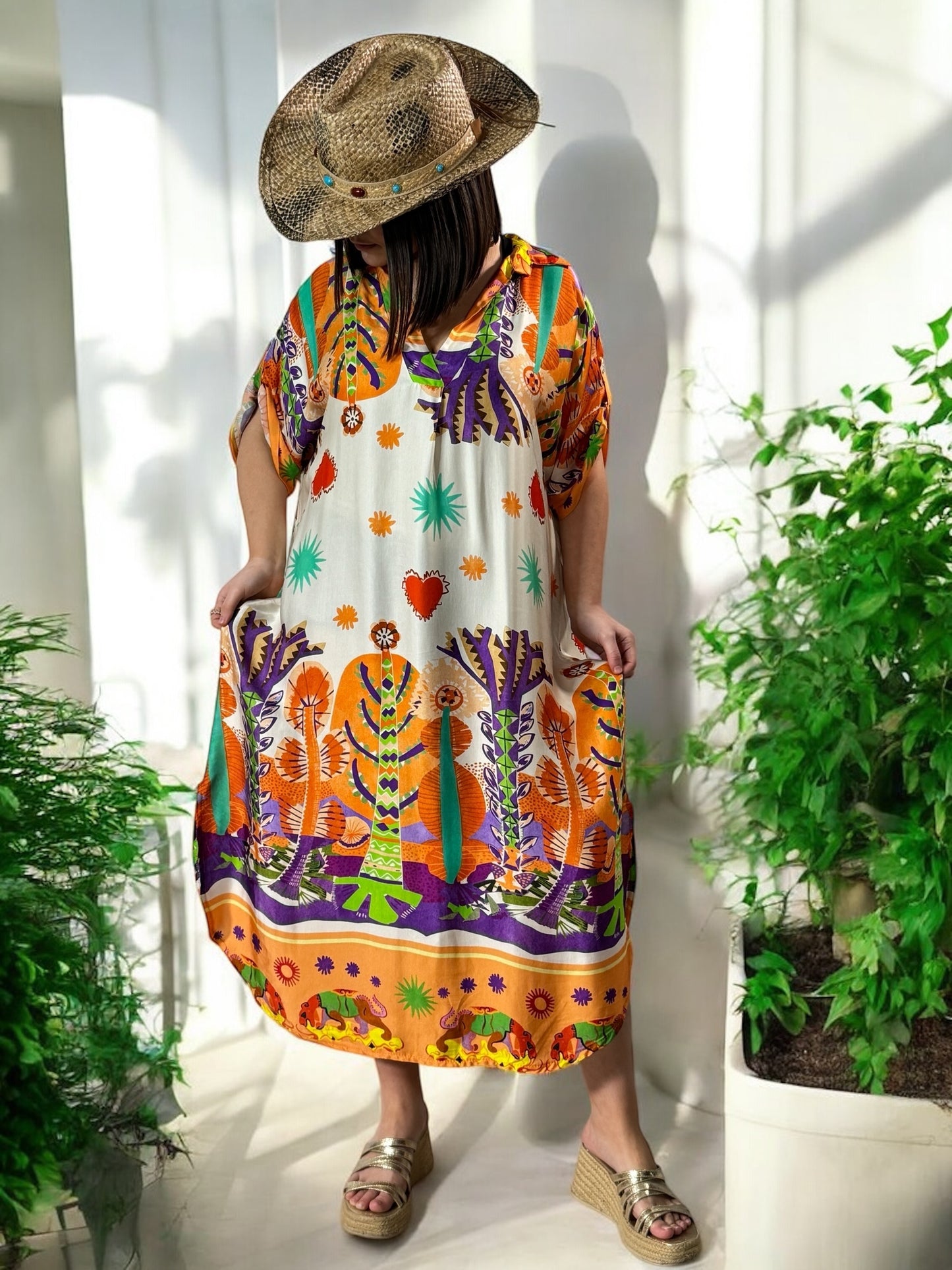 ETE INDIEN - ROBE OVERSIZE TISSUS SOYEUX A MOTIF ORANGE JUSQU'A LA TAILLE 50