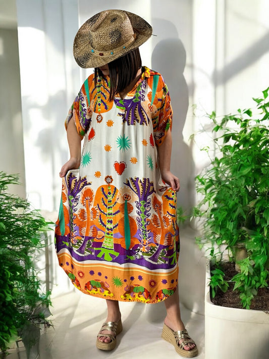 ETE INDIEN - ROBE OVERSIZE TISSUS SOYEUX A MOTIF ORANGE JUSQU'A LA TAILLE 50