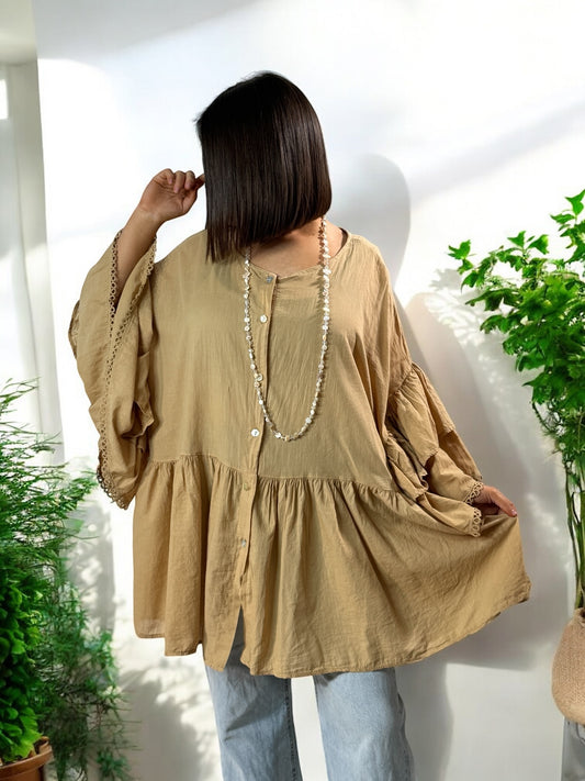 CORALINE - BLOUSE OVERSIZE CAMEL EN COTON JUSQU'A LA TAILLE 52/54