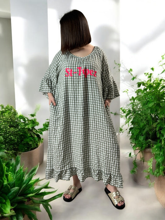 ST TROPEZ - ROBE VICHY KAKI JUSQU'A LA TAILLE 52