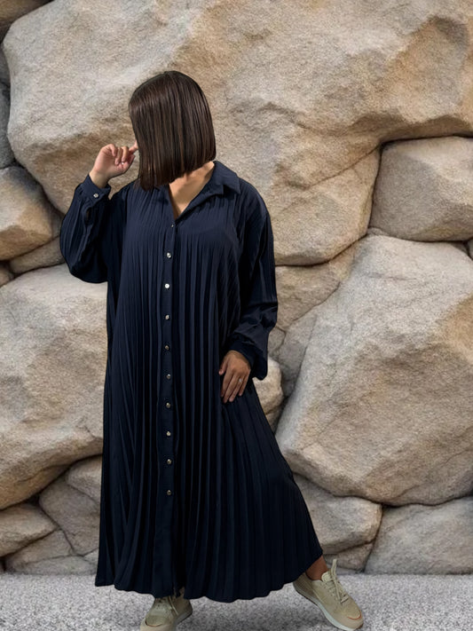 MAROUSSIA - ROBE MARINE PLIS SOLEIL JUSQU'A LA TAILLE 56