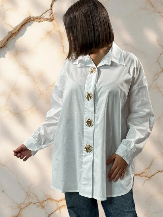 ANITA - CHEMISE OVERSIZE BLANCHE AVEC BROCHE SOLEIL JUSQU'A LA TAILLE 52
