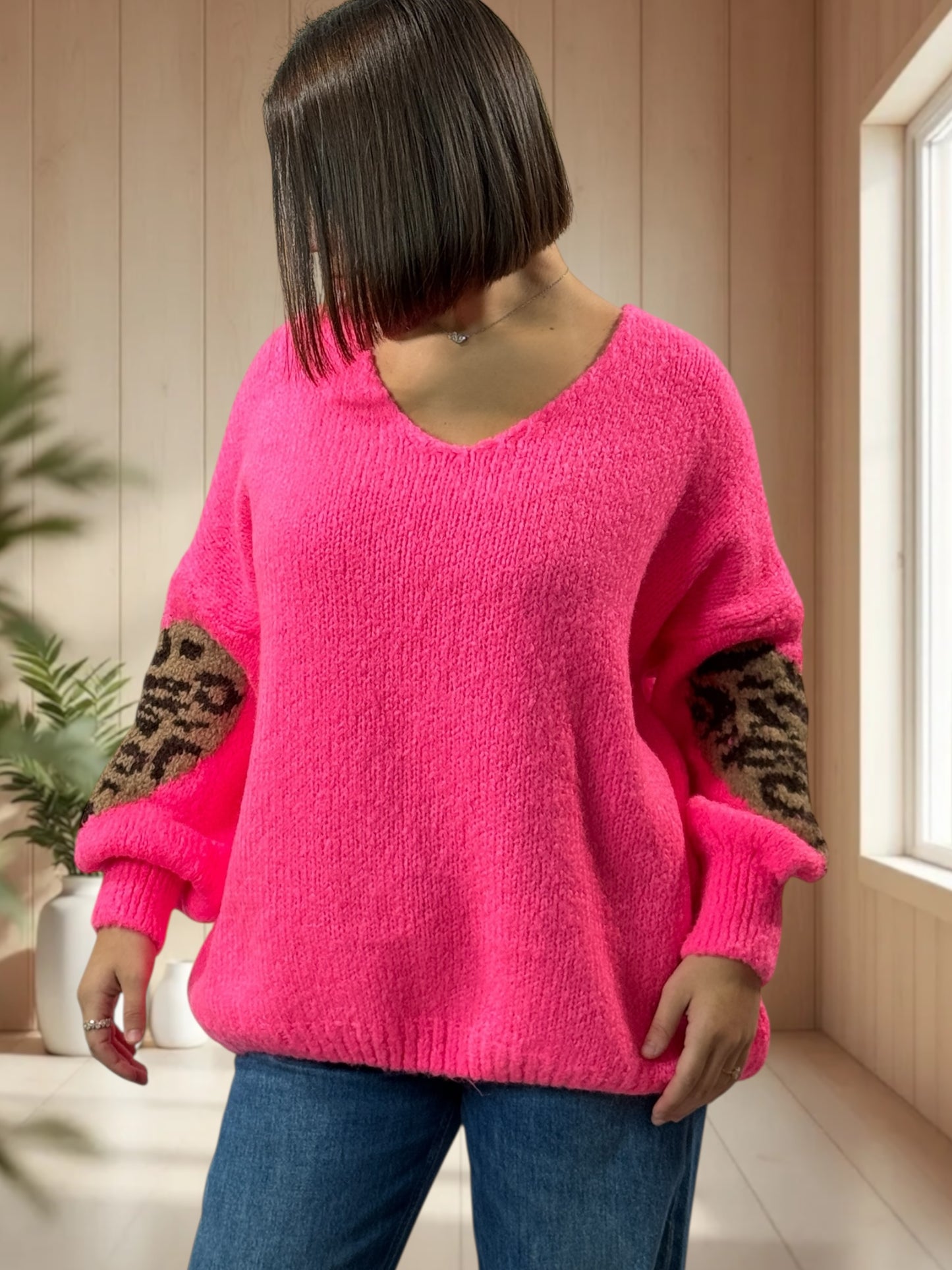 AMBER - PULL FUCHSIA COEUR LEOPARD JUSQU'A LA TAILLE 50/52