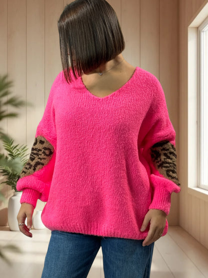 AMBER - PULL FUCHSIA COEUR LEOPARD JUSQU'A LA TAILLE 50/52