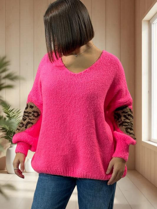 AMBER - PULL FUCHSIA COEUR LEOPARD JUSQU'A LA TAILLE 50/52