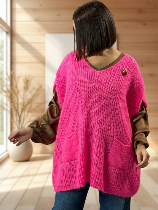 ENZO - PULL FUCHSIA OVERSIZE JUSQU'A LA TAILLE 56