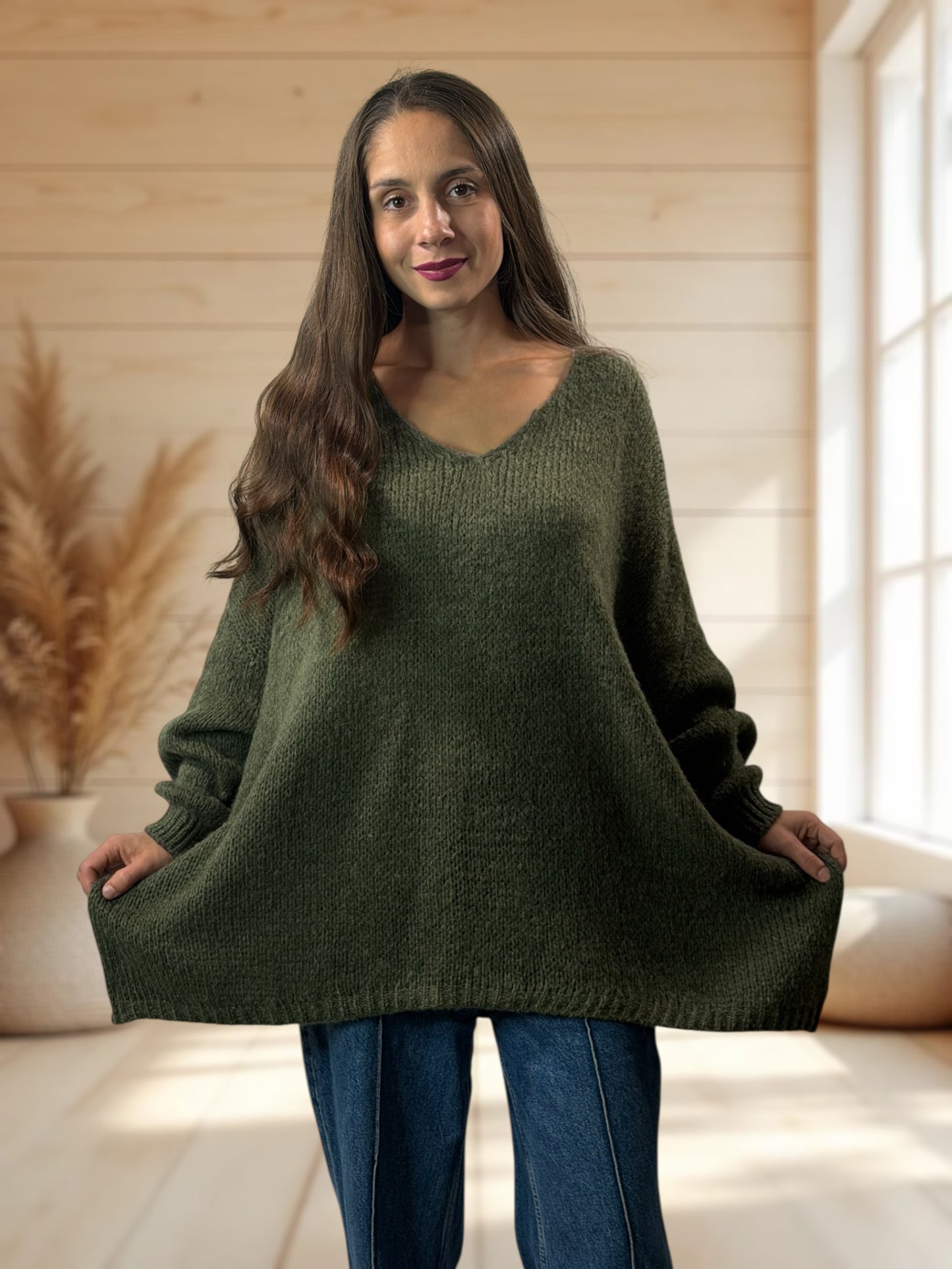 RICKOU - PULL OVERSIZE KAKI MOTIF SOLEIL JUSQU'A LA TAILLE 56