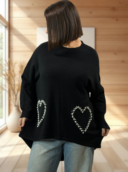 GLORIA - PULL OVERSIZE NOIR AVEC PERLE JUSQU'A LA TAILLE 52/54