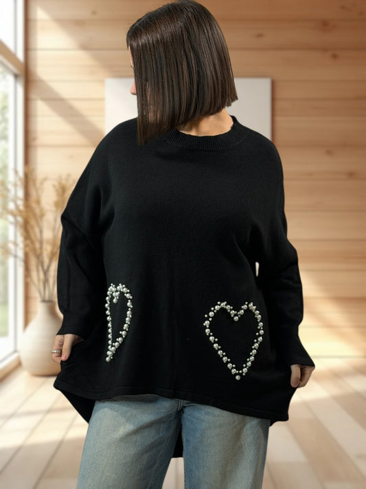 GLORIA - PULL OVERSIZE NOIR AVEC PERLE JUSQU'A LA TAILLE 52/54