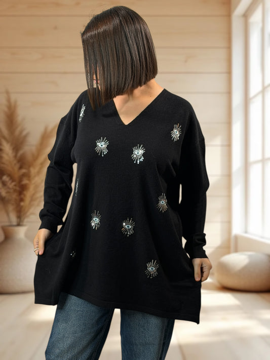 RITA - PULL OVERSIZE NOIR AVEC OEIL EN SEQUINS JUSQU'A LA TAILLE 54