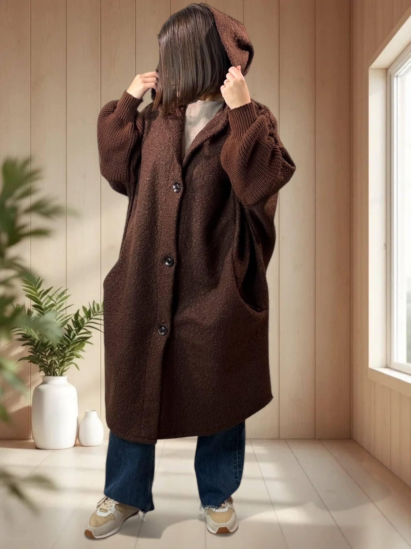 VIRGINIE - MANTEAU OVERSIZE MARRON A CAPUCHE JUSQU'A LA TAILLE 54