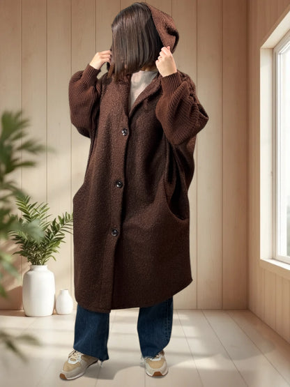 VIRGINIE - MANTEAU OVERSIZE MARRON A CAPUCHE JUSQU'A LA TAILLE 54