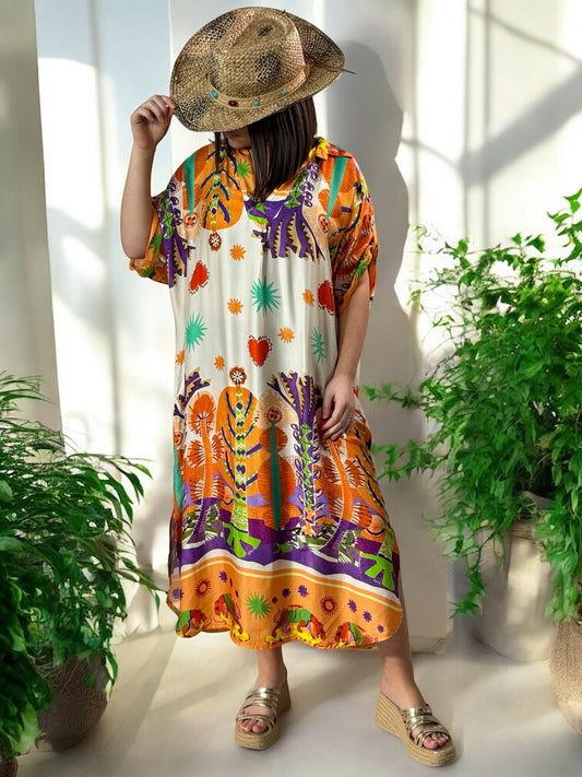 ETE INDIEN - ROBE OVERSIZE TISSUS SOYEUX A MOTIF ORANGE JUSQU'A LA TAILLE 50
